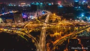 4K城市交通_航拍济南顺河路立交桥交通夜景延时摄影